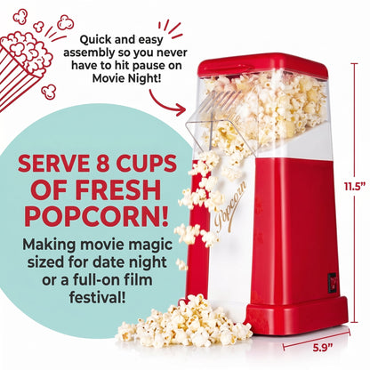 Casualife 1200W Electric Hot Air Popcorn Maker, 8-Cup Capacity Oil-Free Popcorn Popper with One-Key Operation