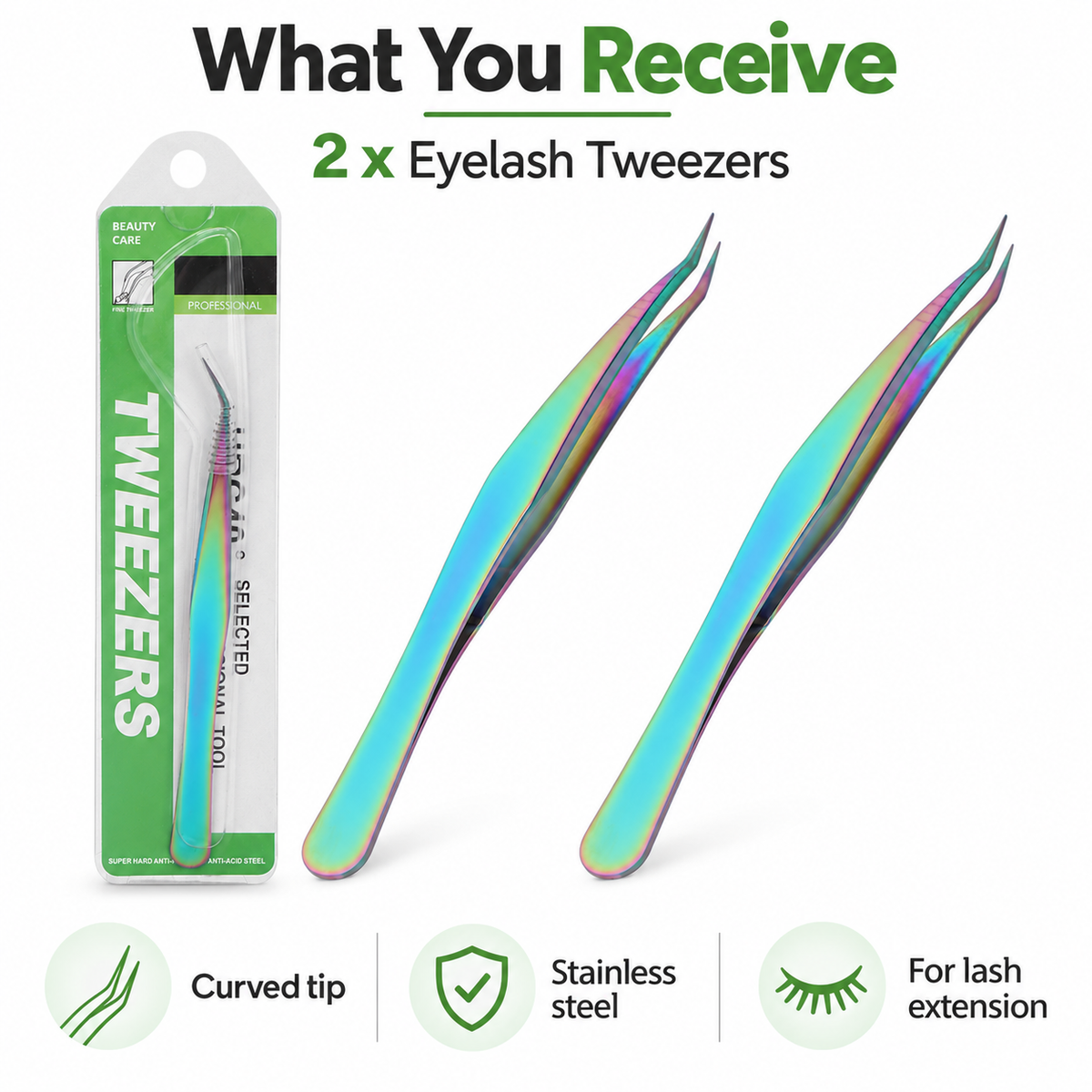 GONCON 2PCS Professional Eyelashes Tweezers Stainless Steel Lashes Extensions Grafting Makeup Tools, Curved Tip Precision Tweezer, Multicolor (12.5cm / 4.9in) for False Lash Application and Nail Art