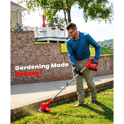 HOTREE 12-Inch 21V Cordless Weed Wacker & String Trimmer, 3-in-1 Lightweight Brush Cutter with 2 Batteries (2.0Ah), Red