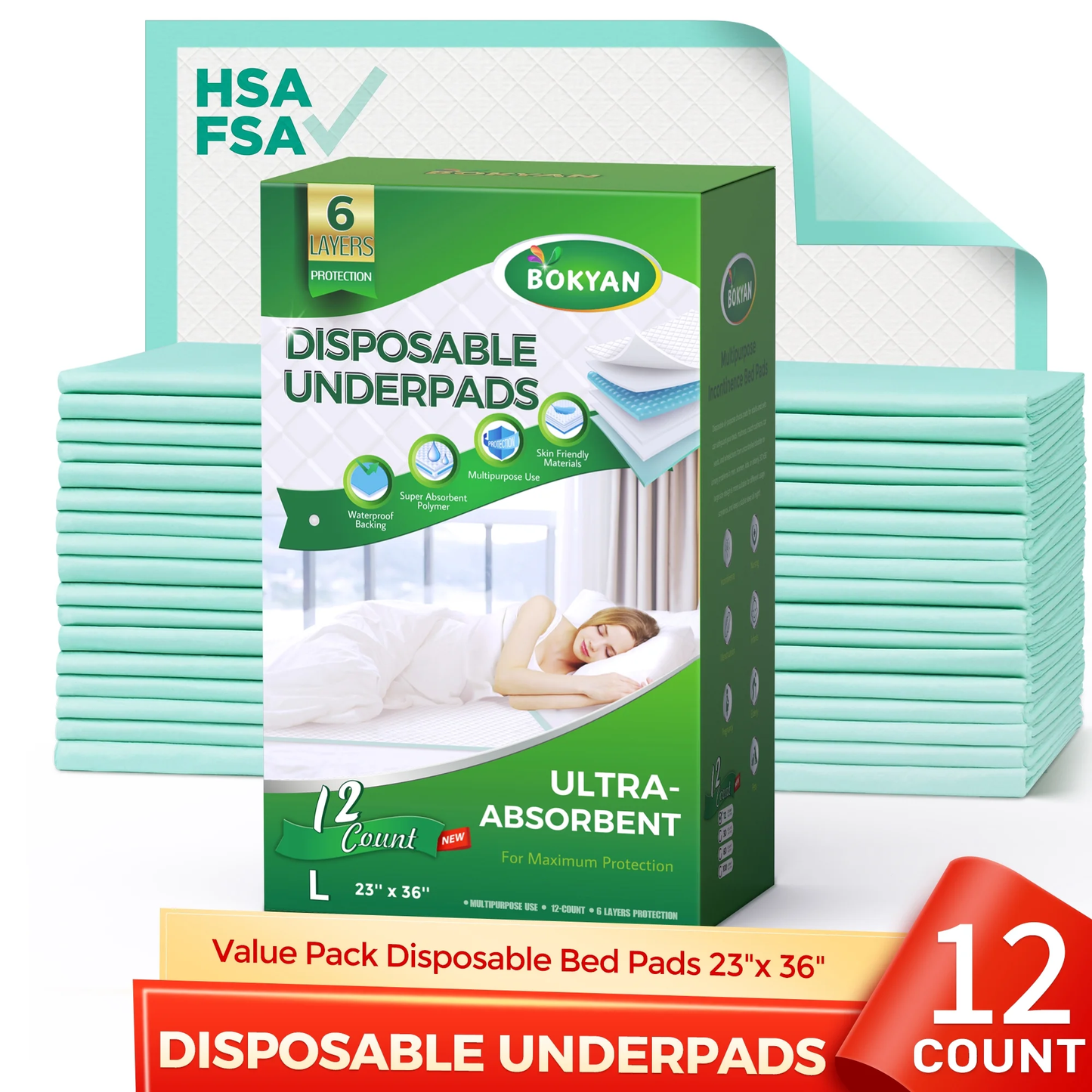 BOKYAN Disposable Bed Pads 23” x 36”, Underpads for Incontinence Waterproof Chucks Pad, Large Bed Liners Chux for Adults, Kids, and Pets, 12Ct