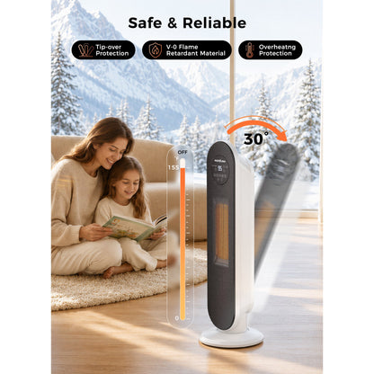 MORSUMA 25" White Tower Heater with Remote Control, 1500W PTC Electric Space Heater with ECO Mode, LED Display, Timer and Adjustable Thermostat for Home Office Bedroom