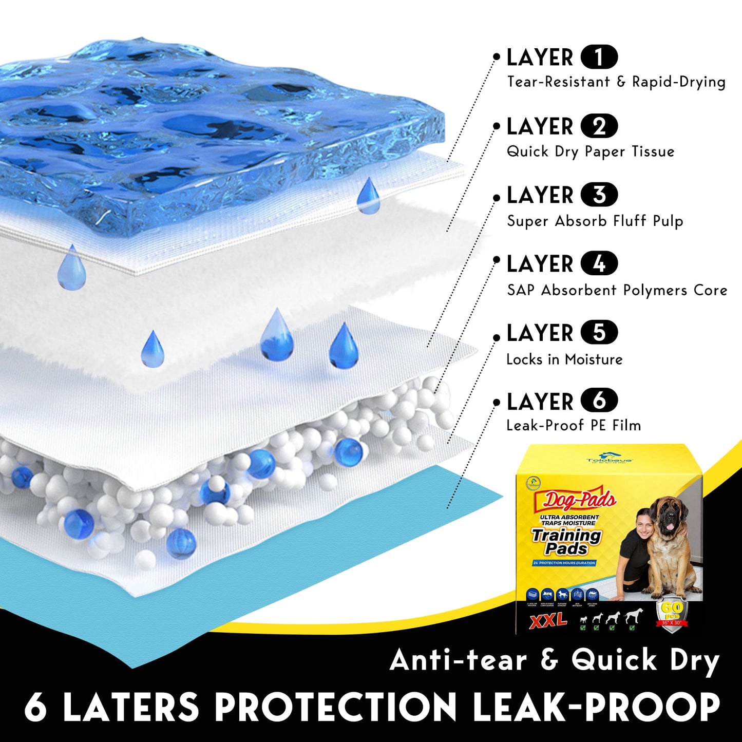 Tolobeve Dog Training Pads, XXL, 30 in x 36 in, 60 Count Disposable Dog Puppy Pee Pads