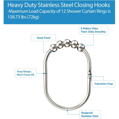 WEENEED 12-Pack Shower Curtain Rings, Rust-Resistant Metal Shower Hooks with 360° Swivel Roller Balls, Easy-Slide Bath Hooks for Fabric Liners, Chrome