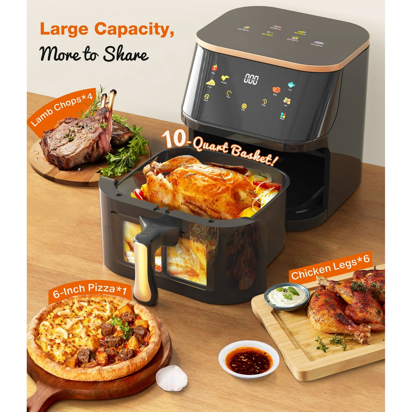 Suodoka Air Fryer 10 Qt Max 450F for Cooking, 6 Presets Fry Touch Panel Easy View Window, New Black