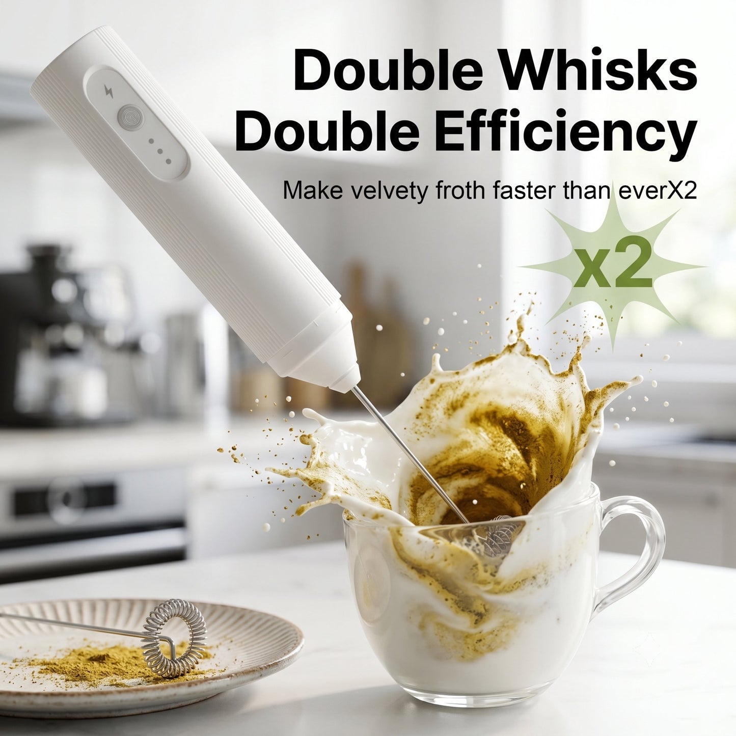 M Buder Milk Frother, Handheld Foam Maker and Electric 3 Speed Rechargeable Coffee Frother Wand, White