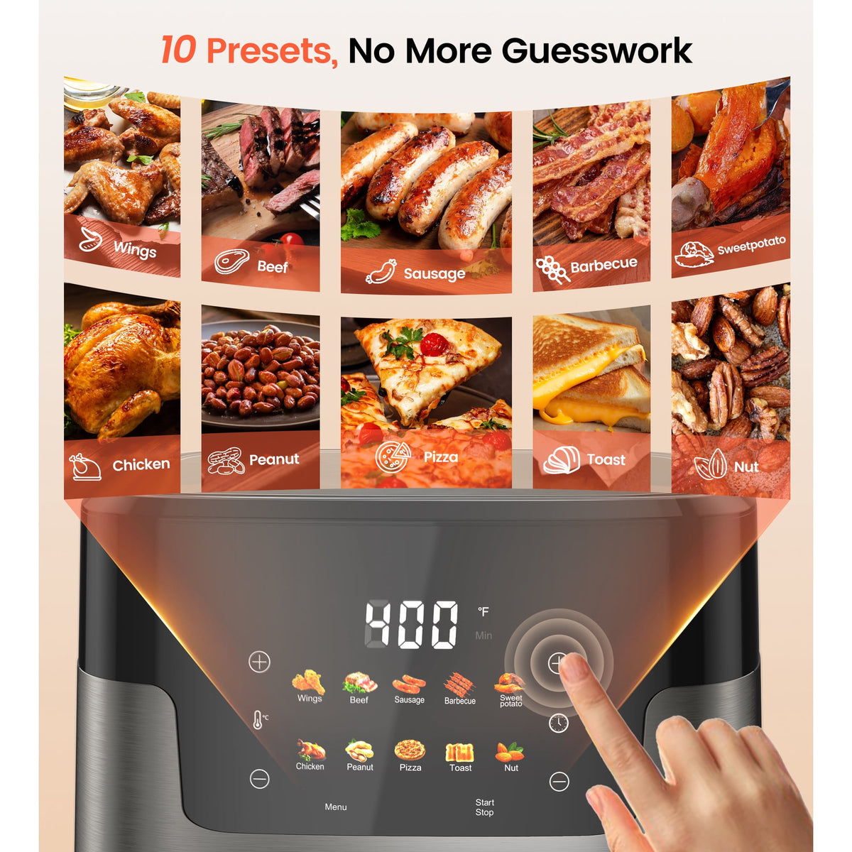 Suodoka 10 in 1 Air Fryer 6 Qt Capacity, Compact Countertop with Nonstick Basket, 400F Air Crisp