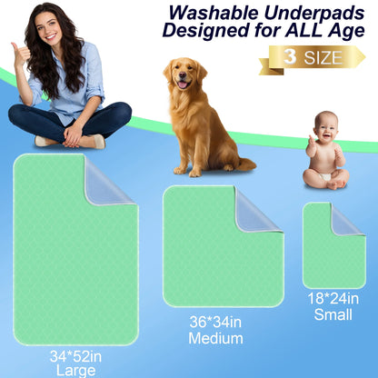 BOKYAN Washable Bed Pads 2 Pack 34"x 52", Reusable Incontinence Underpads with Extra Absorbency for Diaper Changing, Pee Pads, Puppy Pads, Waterproof Floor Protector, Green and Blue