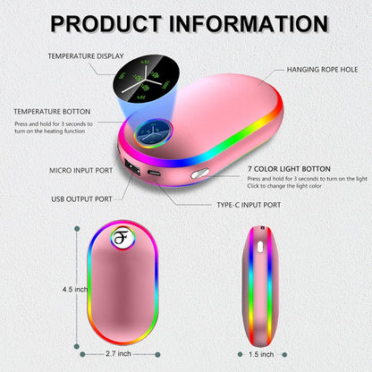 Madala Hand Warmers Rechargeable, 7 Changing Colors Lights Electric Hand Warmers 10000Mah, Electric Portable Pocket Heater, Hunting, Camping- Rose Gold