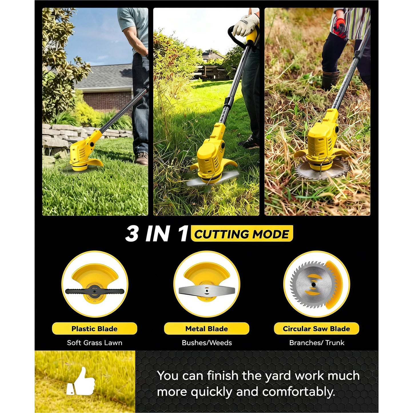 HOTREE 21V Cordless Electric String Trimmer with 2×2.0Ah Batteries, 3 Functional Blades & Adjustable Handle-Weed Wacker Edger for Yard & Garden Maintenance