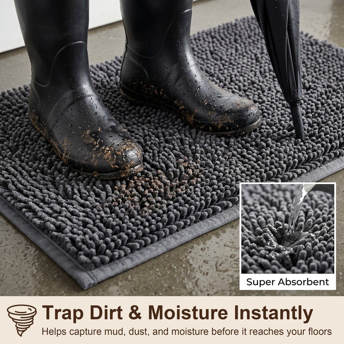 Riousery Indoor Door Mat, Super Absorbent Chenille Entryway Rug with Non-Slip Hot Melt Backing, Machine Washable Mud Mat for Entryway, Bathroom, Pet Area, Gray, 20" x 31.5"