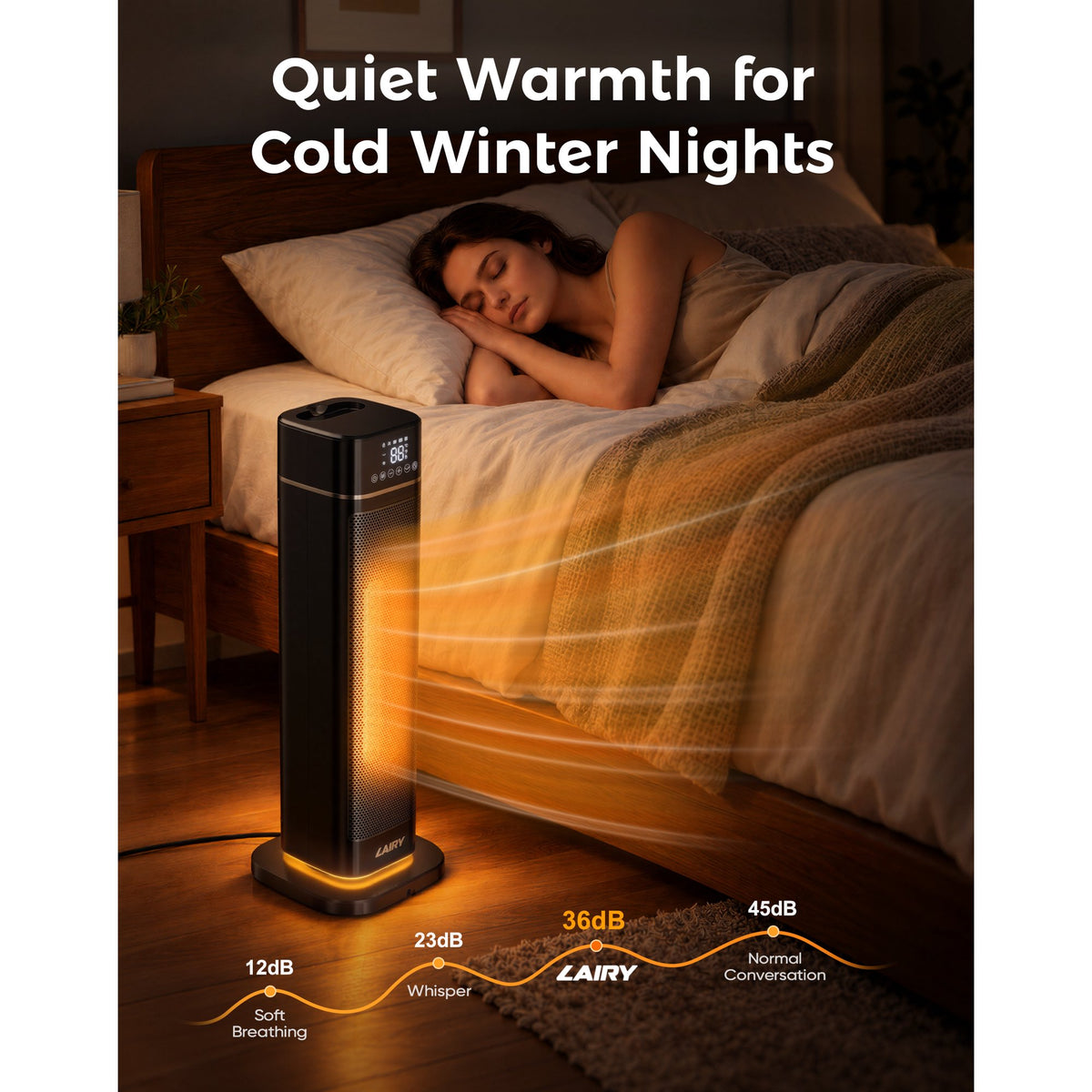 Lairy 24inch 1500W Space Heater for Indoor Use, Electric Ceramic Tower Heaters with Thermostat,3 Modes, Eco, Night Light, Black