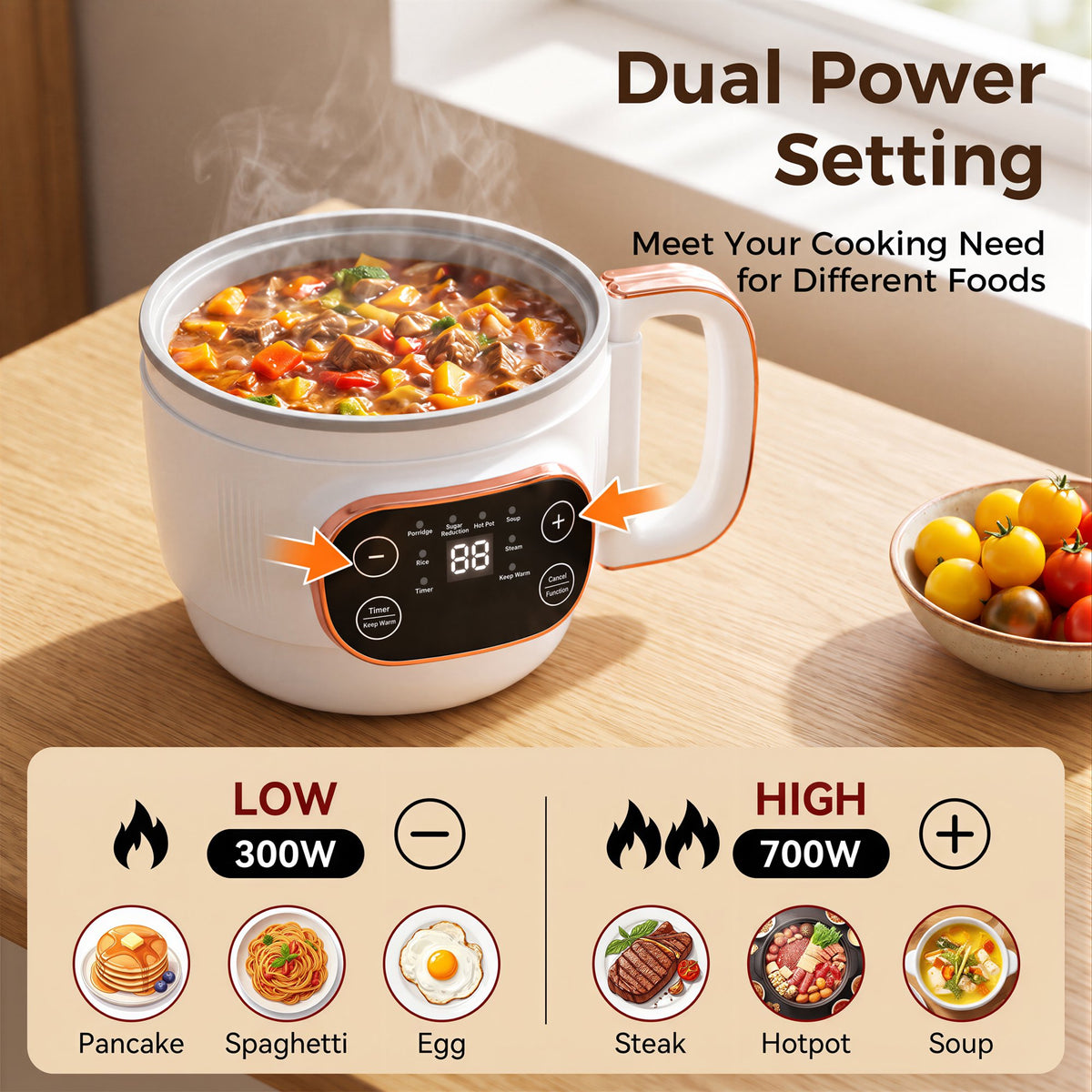 ICETear Portable Electric Cooking Pot with Foldable Handle, Mini Hot Pot & Low Sugar Rice Cooker, Titanium Non-Stick Inner Pot, 6 Smart Menus, Off-White