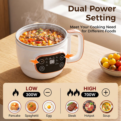 ICETear Portable Electric Cooking Pot with Foldable Handle, Mini Hot Pot & Low Sugar Rice Cooker, Titanium Non-Stick Inner Pot, 6 Smart Menus, Off-White