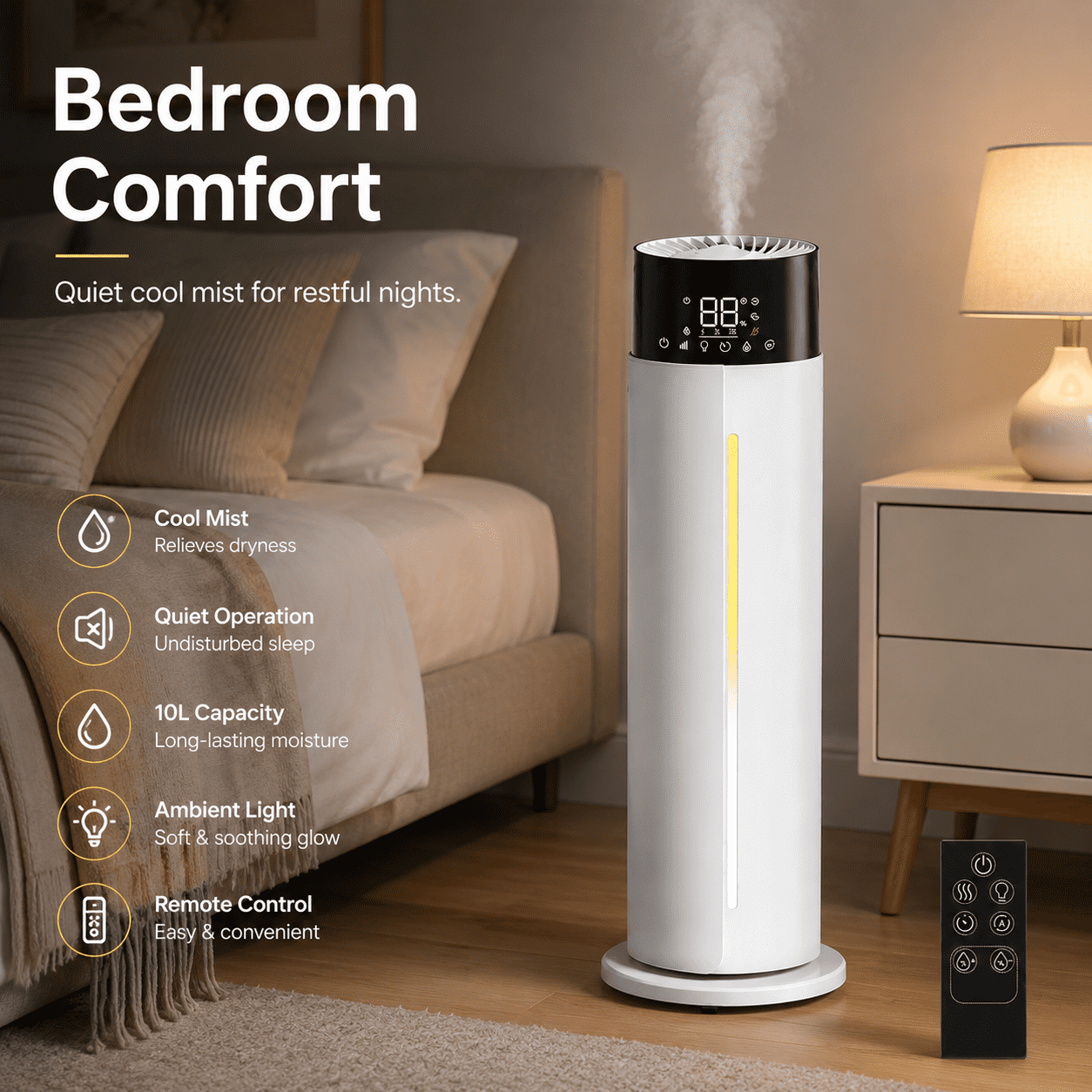 Reelexia 11L Top Fill Tower Humidifiers for Large Room, Cool Mist Floor Humidifier with Wheels, Humidistat, Remote, 1-24H Timer, Night Light, Aroma Tray, White