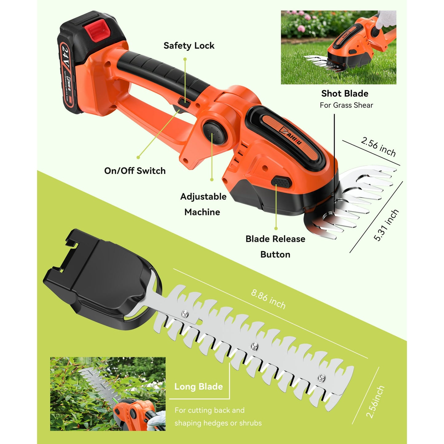 YAHHU Cordless Hedge Trimmer, 2 in 1 Handheld Electric Grass Trimmer , Trimmer for Bush,Tree, Garden, Patio and Lawn