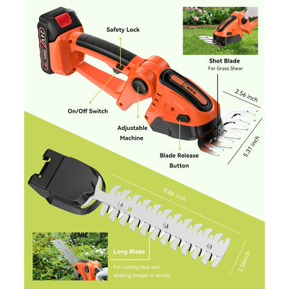 YAHHU Cordless Hedge Trimmer, 2 in 1 Handheld Electric Grass Trimmer , Trimmer for Bush,Tree, Garden, Patio and Lawn