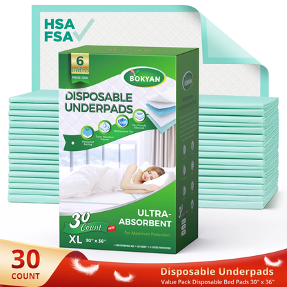BOKYAN Bed Pads for Incontinence Disposable,30'' x 36'' Ultra Absorbent Chucks Underpads XL 30 Count