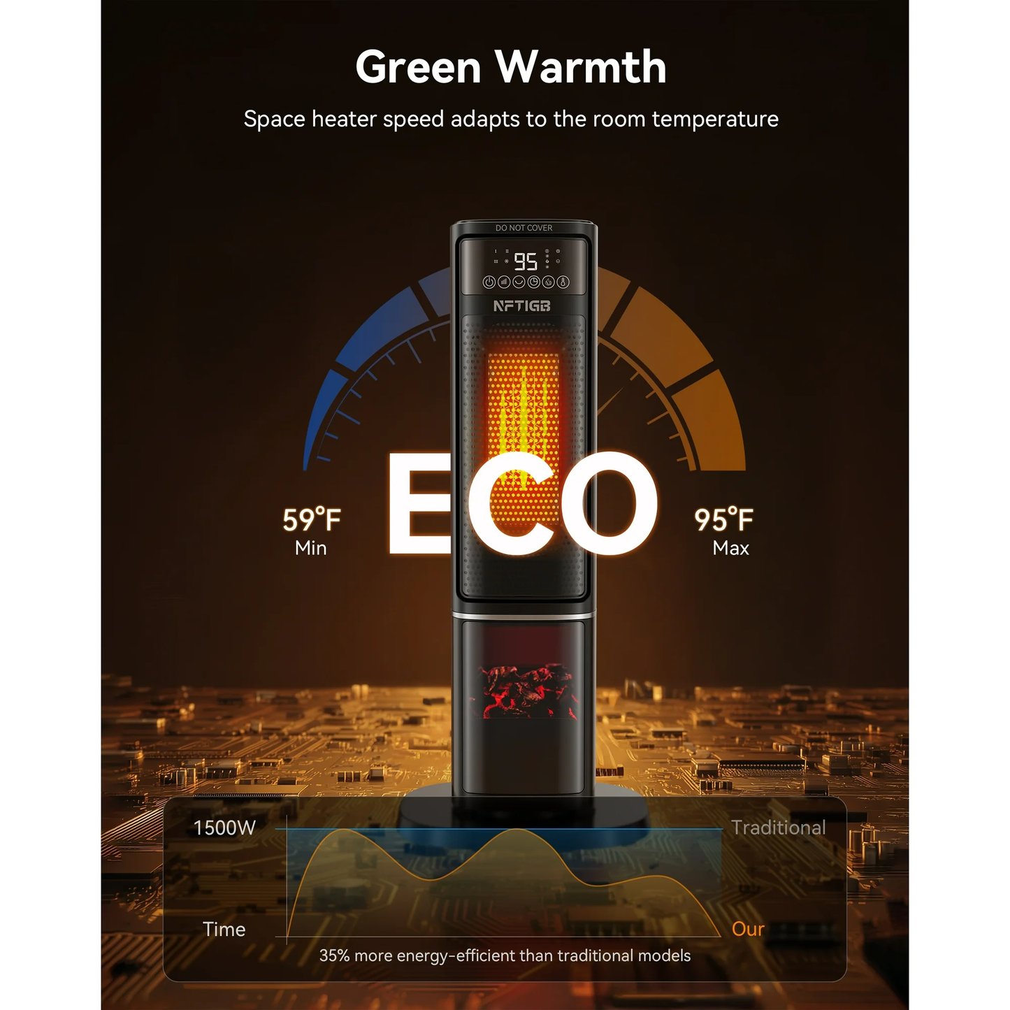 NFTIGB 24 inch Space Heater with Flame Effect, 1500W Ceramic Heater with Thermostat, PTC Heater for Indoor, 12H Timer & Remote, for Office, Bedroom, Living Room, New