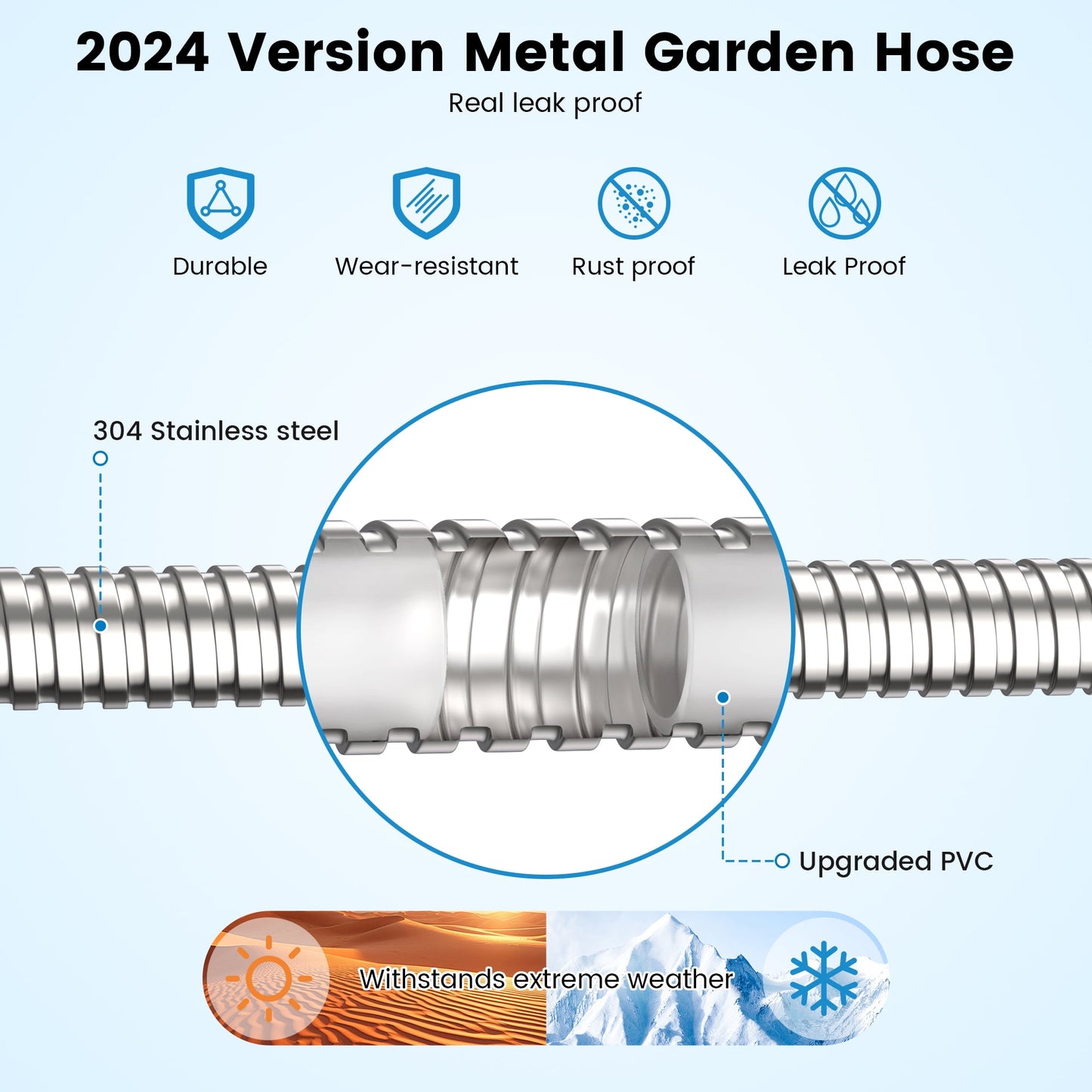 OHHANI Hose, 100 ft x 5/8", Stainless Steel Garden Hose with 10-Function Sprayer, No Kink