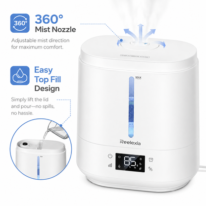 Reelexia 6L Top Fill Humidifiers for Bedroom, Desk Quiet Supersized Cool Mist Humidifiers for Large Room, Air Humidifier for Home, Night Light, Ultrasonic