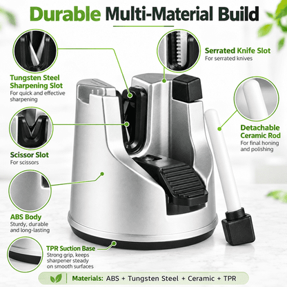 GigBu 3-in-1 Kitchen Knife Sharpener with Suction Cup Base, Manual Sharpening Tool for Straight & Serrated Knives and Scissors, Silver/Black