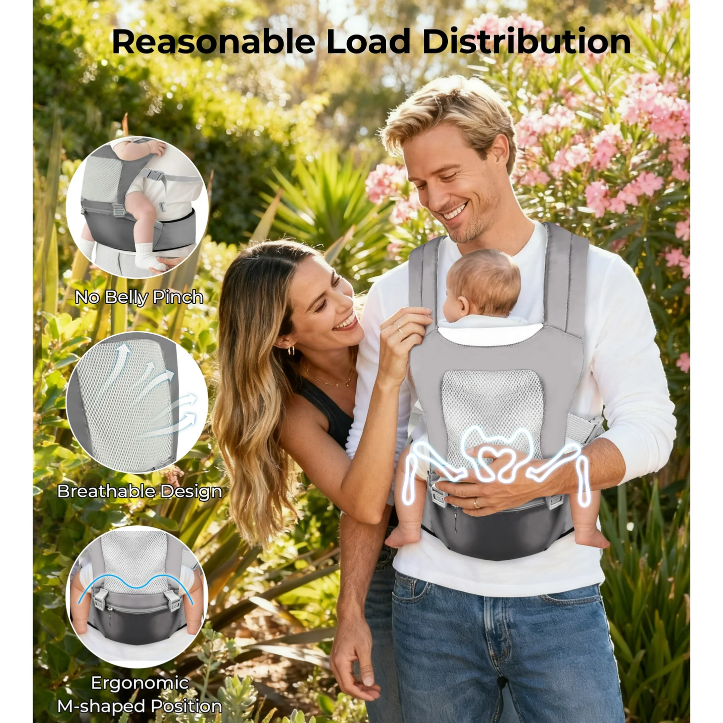 RUPOUN Baby Carrier with Hip Seat, Convertible 4-Position, Lightweight Cool Mesh, Unisex, Gray