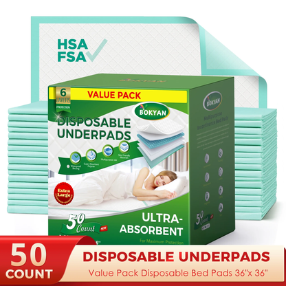 BOKYAN Bed Pads for Incontinence Disposable, 36 x 36 Waterproof Underpads, Maximum Absorbent Unisex Large Chucks Pad, Bed Liners Chux for Adults, Kids and Pets, XXL (50 Count)