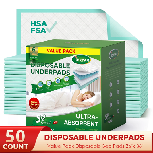 BOKYAN Bed Pads for Incontinence Disposable, 36 x 36 Waterproof Underpads, Maximum Absorbent Unisex Large Chucks Pad, Bed Liners Chux for Adults, Kids and Pets, XXL (50 Count)