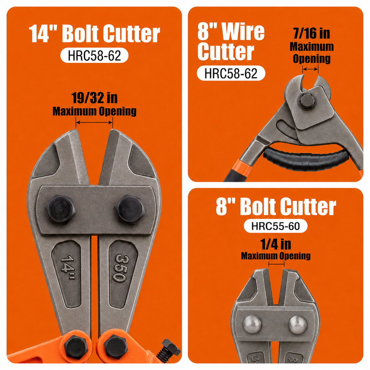 OHHANI 3-Piece Bolt Cutter Set, 14" Heavy Duty & 8" Mini Sizes, 8" Wire Rope Cutter, CR-V Blades, Portable Carry Case for Locks, Chains & Iron Wire
