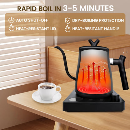 Casualife Gooseneck Electric Kettle, 28Oz Pour Over with Temp Control, 1200W Fast Boil, 36-Hour Timer, Stopwatch, Matte Black