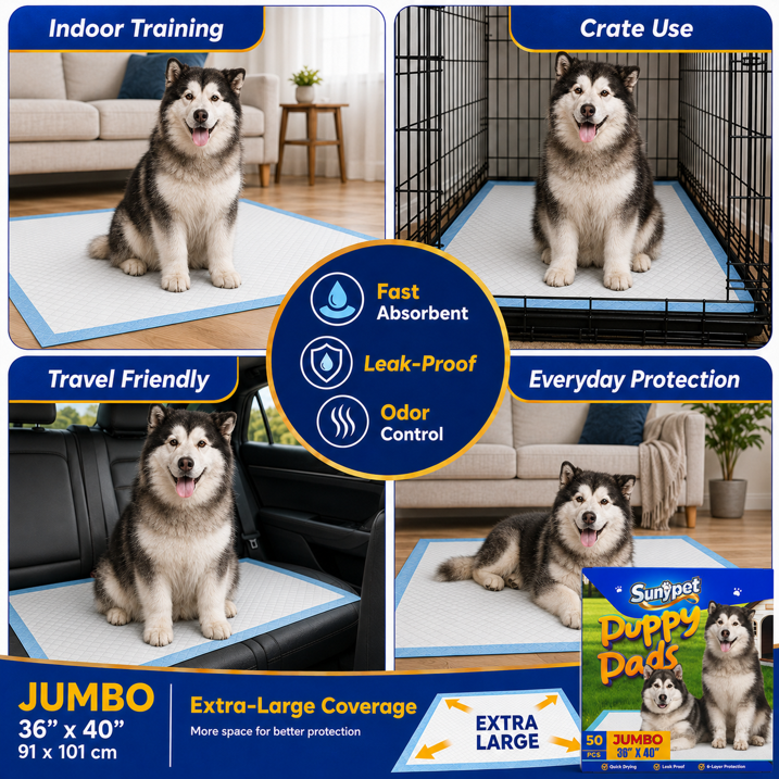 Sunypet Puppy Pads Disposable Dog Potty Training Pads, Quick Dry, Ultra Absorbent,Jumbo 36"x40", 50ct