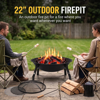 OHHANI Portable Outdoor Fire Pit, Heavy Duty Steel Wood Burning Fireplace with Spark Screen, Grill Grate & Poker, Black