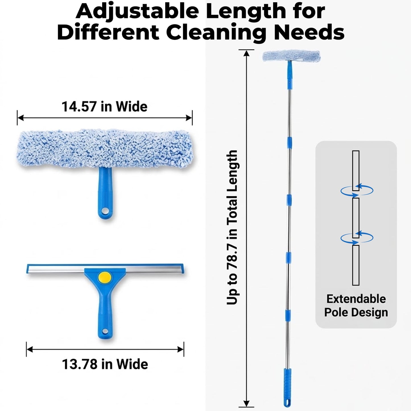 FVSA Window Cleaning Kit, Squeegee for Window Cleaning with 78.7" Extendable Stainless Steel Pole, Shower Squeegee for Glass Doors, Mirror, Tile, Car Windshield, Blue