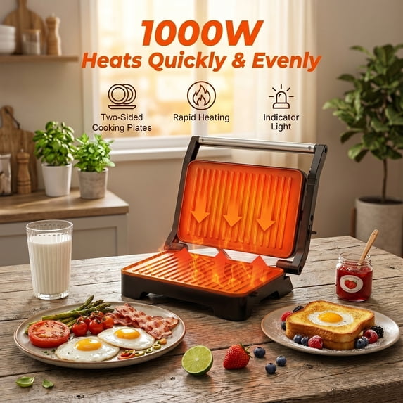 Casualife Electric Panini Press Grill, 180° Opening Non-Stick Sandwich Maker, 2-Slice Grill Press for Burgers, Steaks, Bacon, Breakfast Sandwiches