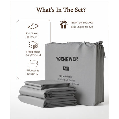 YGXNEWER Full Size 4 Piece Sheet Set, Comfy Breathable Cooling Bed Sheets Set, Hotel Luxury Bedding, Deep Pockets, Ultra-Soft, Wrinkle Free, Grey
