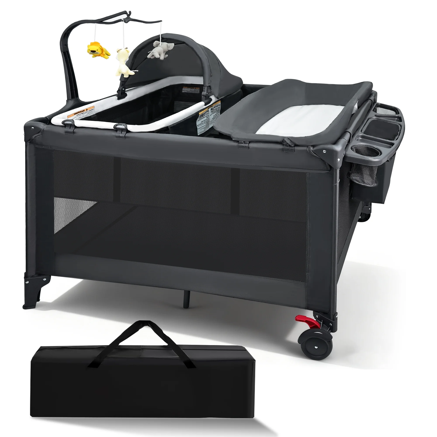 RUPOUN Baby Playards, Foldable Nursery Center Playpen and Toy Mobile, Portable Travel Bassinet, Locking Wheels, Gray