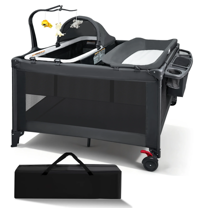 RUPOUN Baby Playards, Foldable Nursery Center Playpen and Toy Mobile, Portable Travel Bassinet, Locking Wheels, Gray