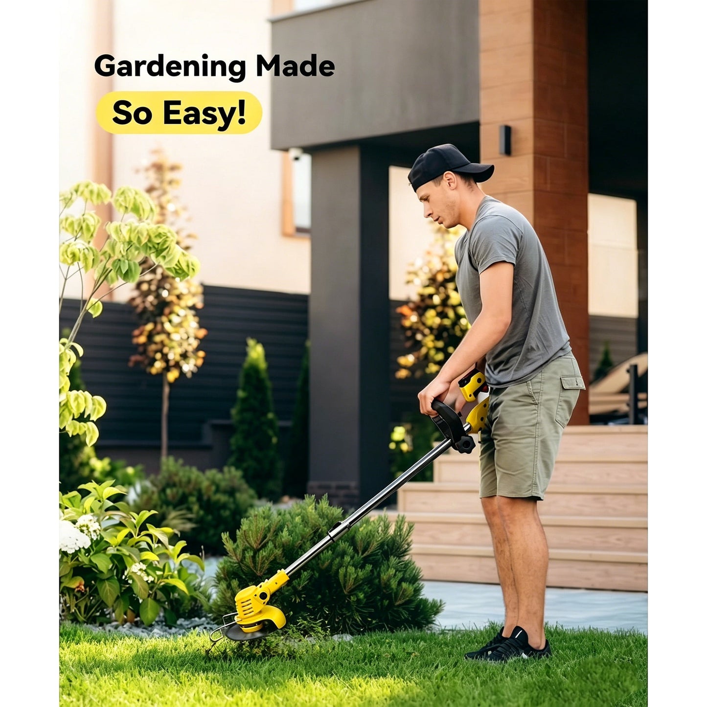 HOTREE 21V Cordless Electric String Trimmer with 2×2.0Ah Batteries, 3 Functional Blades & Adjustable Handle-Weed Wacker Edger for Yard & Garden Maintenance
