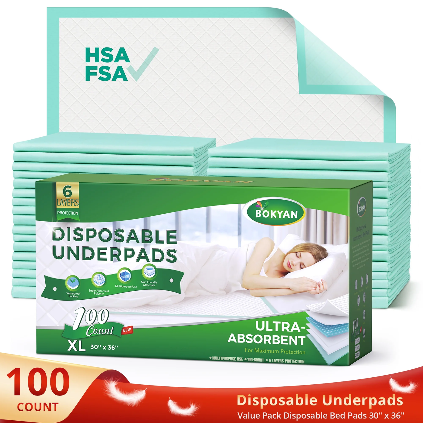 BOKYAN Bed Pads for Incontinence Disposable, 30 x 36 Waterproof Underpads, Maximum Absorbent Unisex Large Chucks Pad, Bed Liners Chux for Adults, Kids and Pets, XL (100 Count)