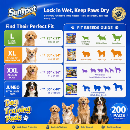 Sunypet Puppy Pads Disposable Dog Potty Training Pads, Quick Dry, Ultra Absorbent, L 23"x23", 200ct