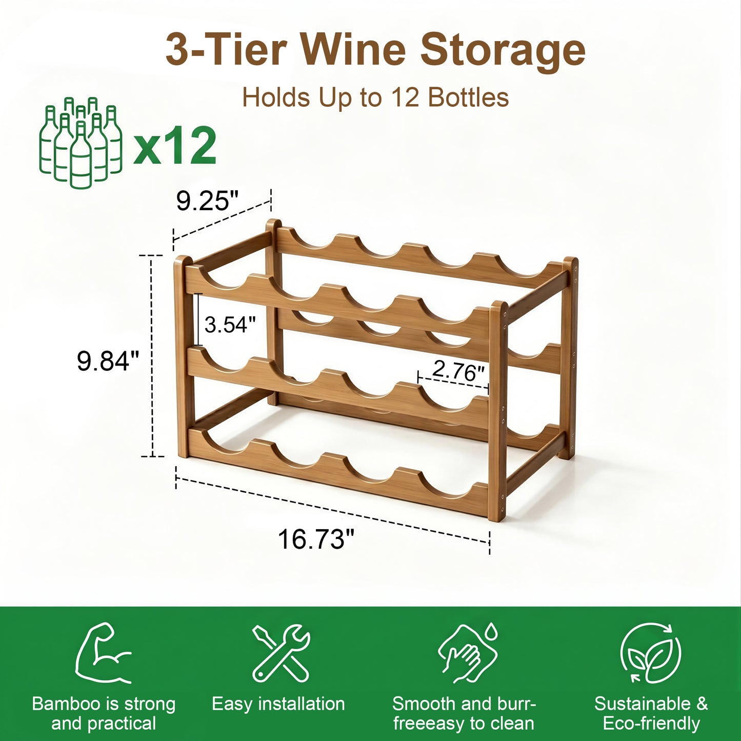 Riousery Bamboo Wine Rack, 3-Tier Freestanding Countertop Wine Bottle Holder, 12 Bottle Storage Rack, Sturdy & Easy Assembly, Brown