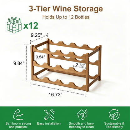Riousery Bamboo Wine Rack, 3-Tier Freestanding Countertop Wine Bottle Holder, 12 Bottle Storage Rack, Sturdy & Easy Assembly, Brown