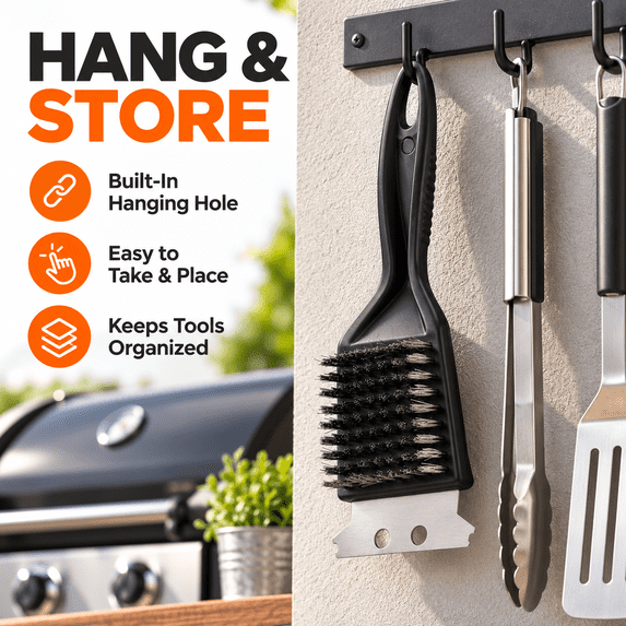 GigBu 8.6" Heavy Duty BBQ Grill Brush and Scraper, Stainless Steel Wire Cleaner, Black/Silver