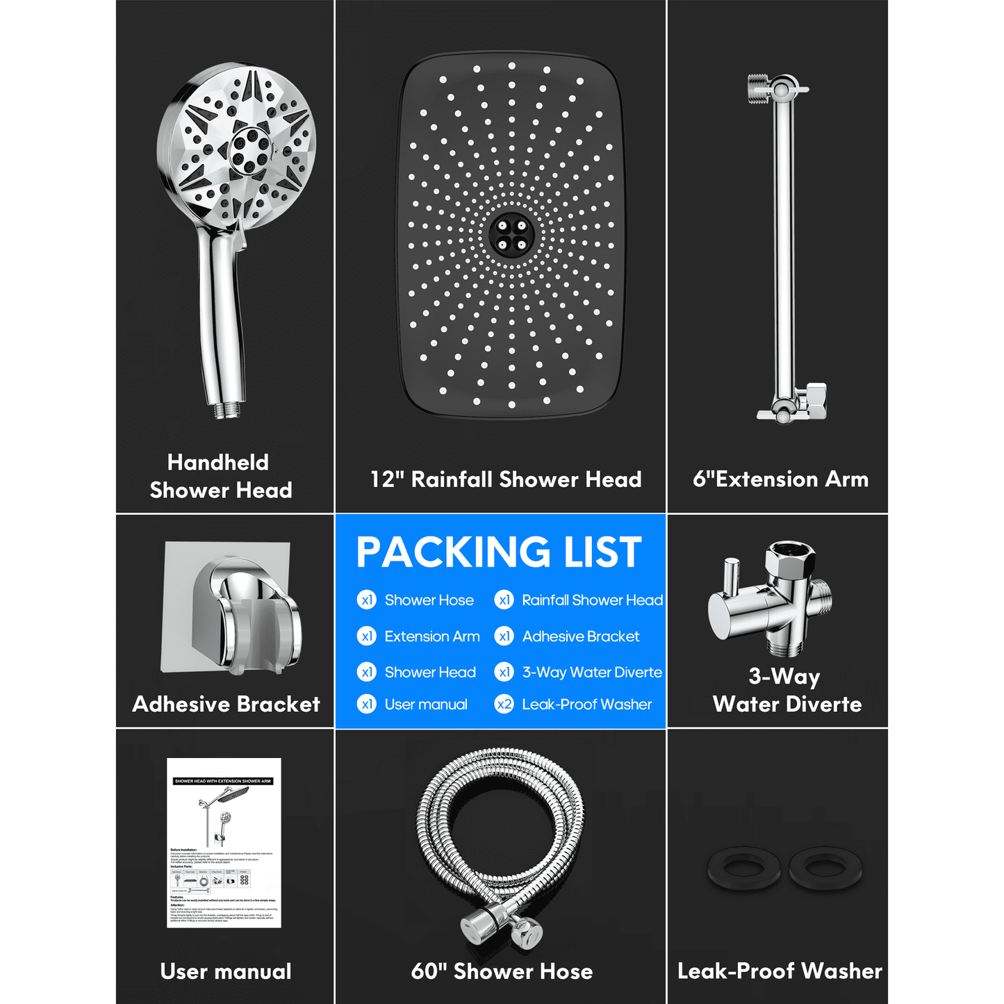 YAHHU 12 inch High Rainfall Showerhead and 10 Settings Pressure Handheld Shower Combo, Stainless Steel Dual Shower Head Set for Bathing