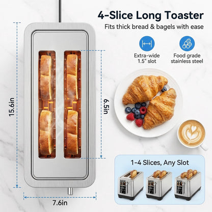Suodoka 4-Slice Long Slot Toaster, Digital Touch Control with 6 Shade Settings, 5 Functions & 9.84" Extra-Wide Slots