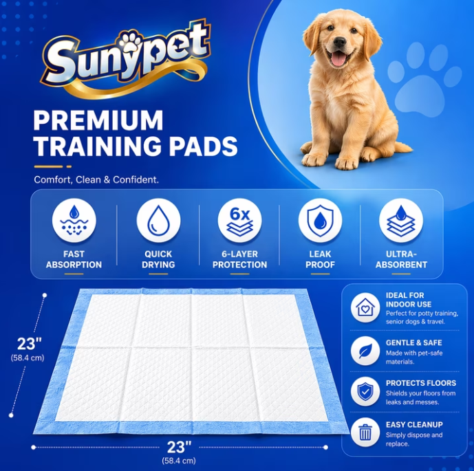 Sunypet Puppy Pads Disposable Dog Potty Training Pads, Quick Dry, Ultra Absorbent, L 23"x23", 100ct