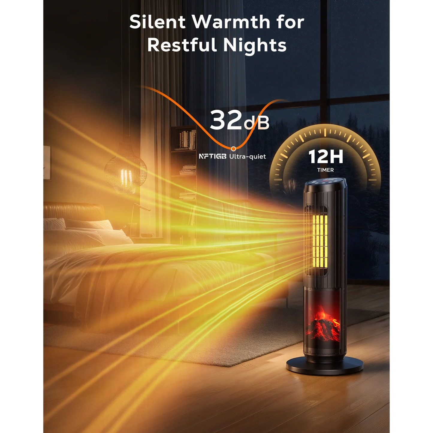 NFTIGB 24 inch Space Heater, 1500W Quiet Oscillating Ceramic Heater for Large Room, PTC Electric Heater with Realistic 3D Flame Effect, Remote Control, Thermostat, for Office, Bedroom, Indoor Use