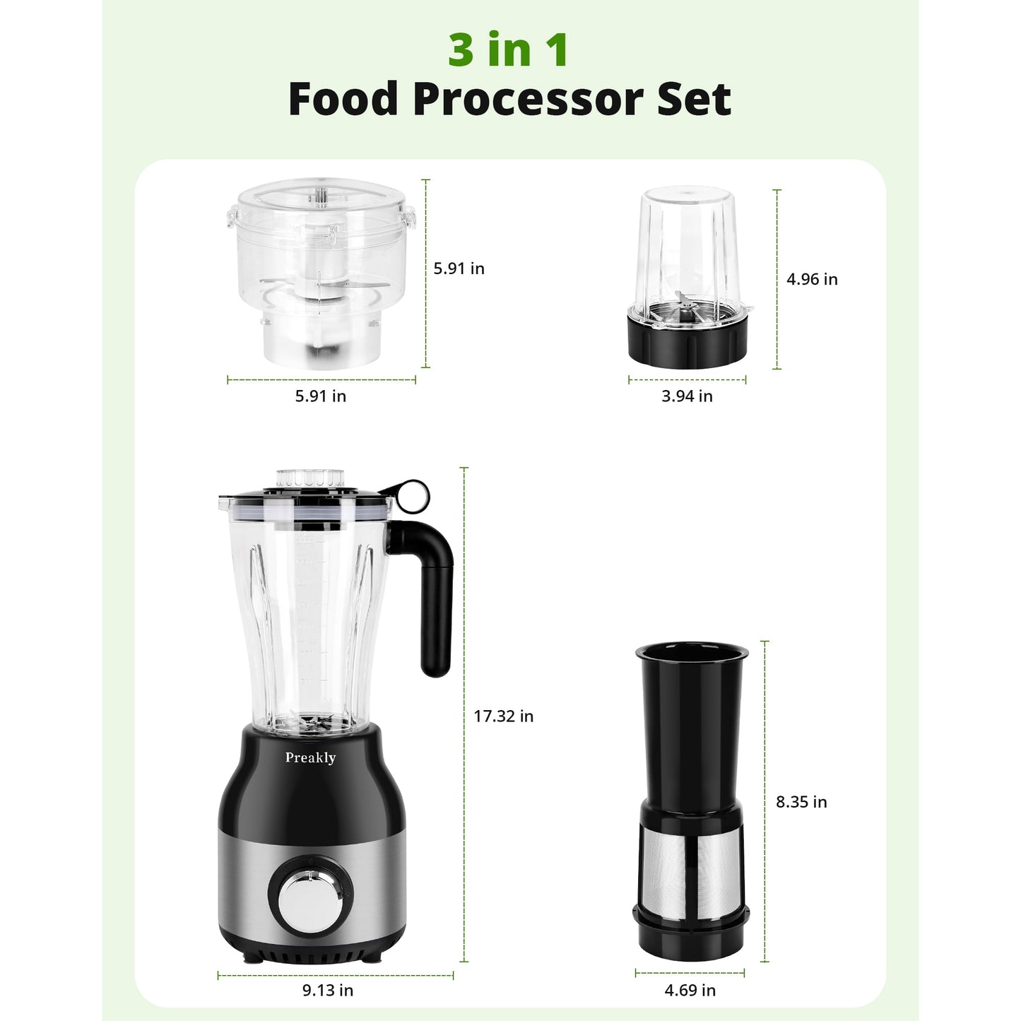 Preakly Countertop Blender Food Processor Combo, 4 in 1 Kitchen Electric Blender/Grinder/Chopper,New