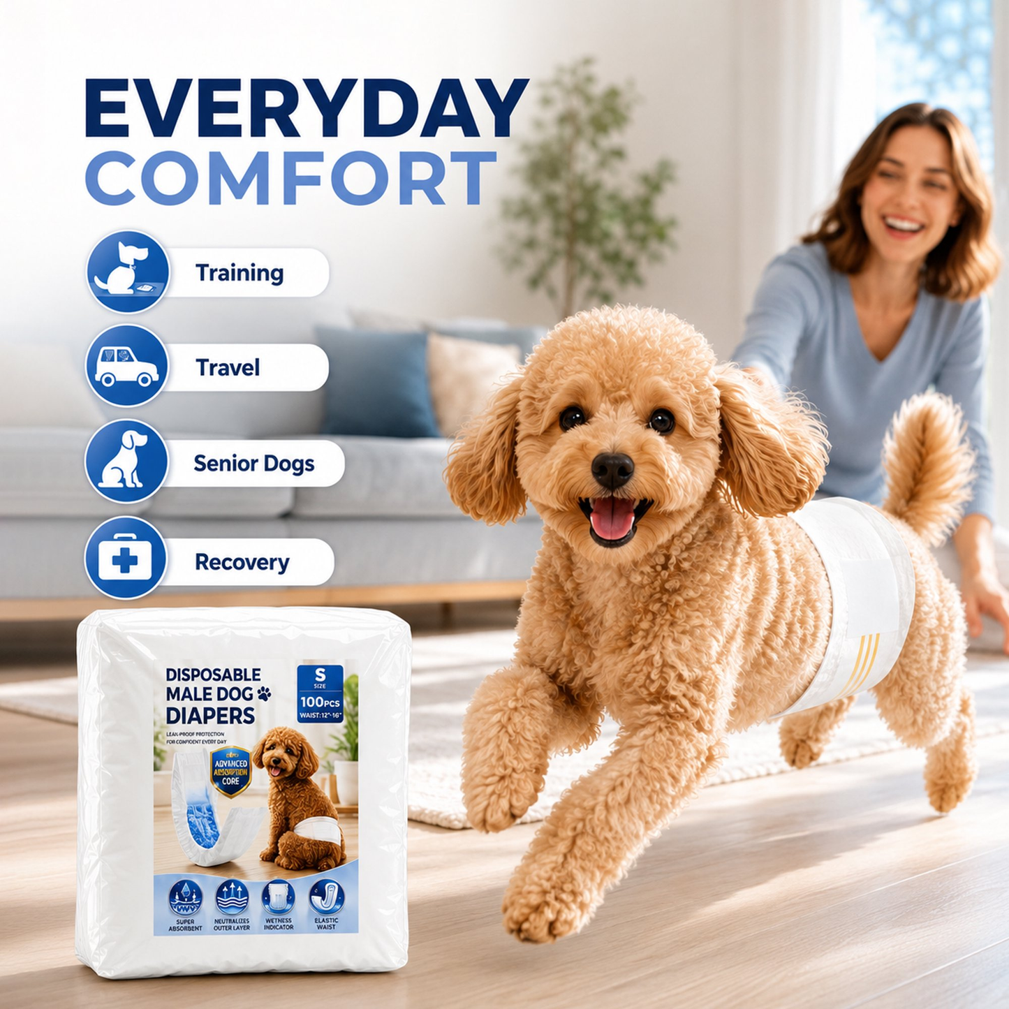 Sunypet Disposable Male Dog Wraps with Stretchy Waistband, Small, 50 Count – Leak-Resistant & Absorbent for Training, Travel, Excitable Urination