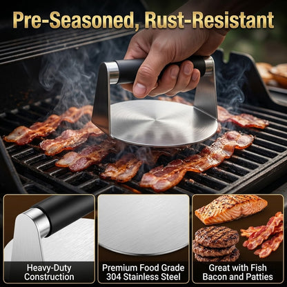 M Buder Burger Press 5.6 Inch - Stainless Steel Burger Smasher Tool, Nonstick Grill Press with Anti-Scald Handle for Griddle, Barbecue, Steak and Sandwich